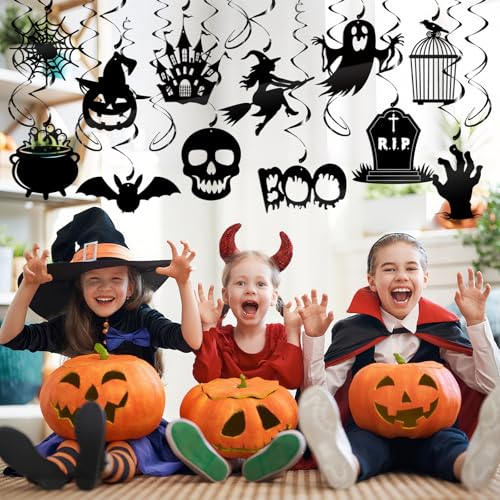 Halloween Hanging Swirls - Black Spooky Ghost Claw Bat Pumpkin Decor 30Pcs - Halloween Black Variation