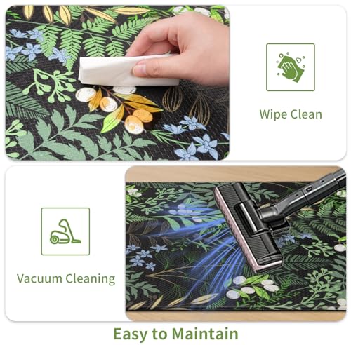 Petmolico 2Pcs Anti-Fatigue Kitchen Mats - Black & Green Plant Leaf Design, Non-Slip Cushioned Support