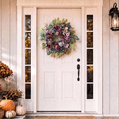 Purple Fall Wreath for Front Door - 24 Inch Autumn Decoration, Handcrafted with Flowers & Berries