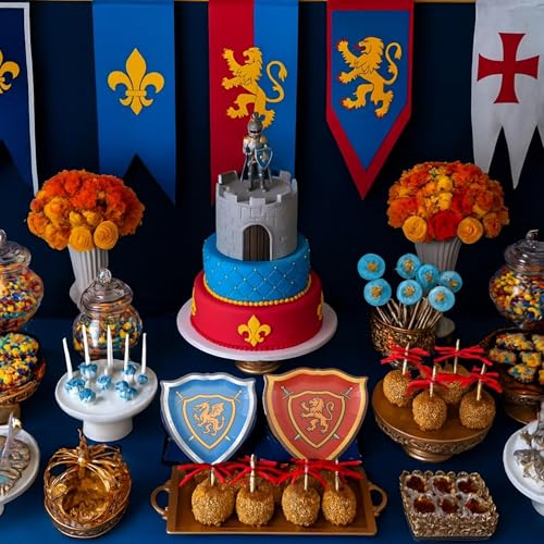 Medieval Knight and Dragon Paper Plates - 48 Pcs Shield-Shaped Tableware for Fantasy & Castle Theme Parties