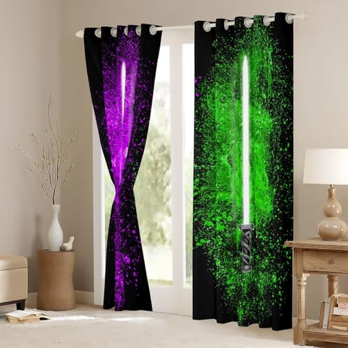 Light Saber Window Curtains Set - Purple Green Tie Dye for Kids Bedroom & Living Room, 52 x 84 Inches, 2 Panels