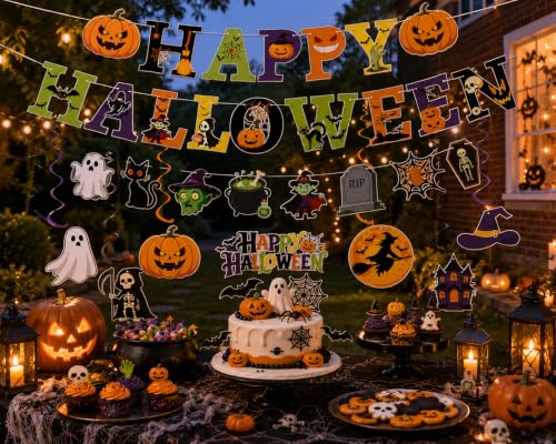 Halloween Party Decorations Set with Banners, Hanging Swirls, and Cake Toppers