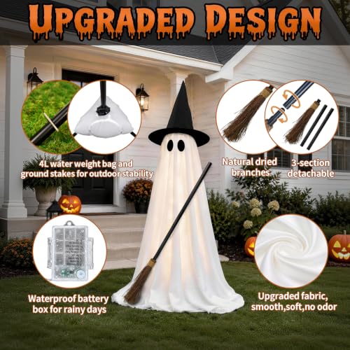 Indoor Halloween Ghost Decorations Set with Light-Up Ghosts and Broom - 2 Pack