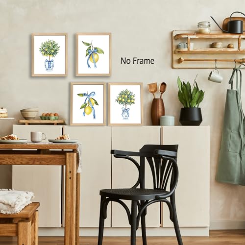 Chinoiserie Wall Art Set of 4 - Blue and White Lemon Tree Prints 8x10 Unframed