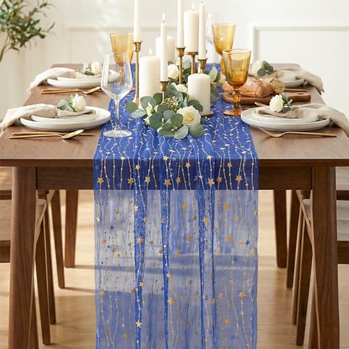 28 x 120 Inch Dark Blue Gauze Table Runner Set of 6 - Glitter Metallic Holiday & Wedding Decor