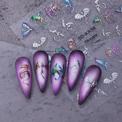 Self-Adhesive Halloween 5D Nail Stickers - Silver Bat Flying Dragon Pattern, 2 Sheets