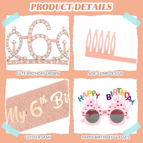 6th Birthday Decorations Kit with Glitter Sash and Crown - Rose Gold Variation