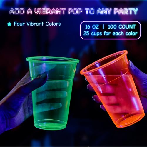 16 oz Neon Plastic Cups - Assorted Glow Party Cups, 100 Pack