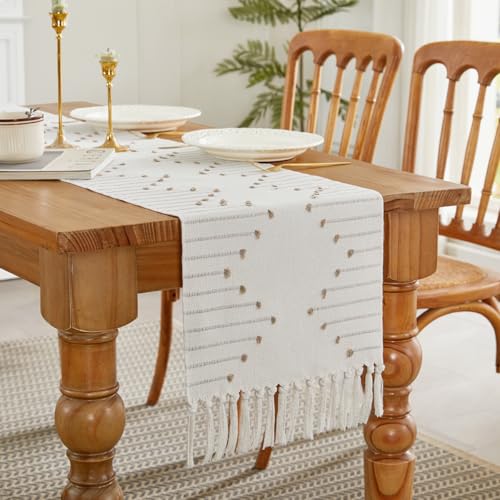 Boho Table Runner 14x48 Inch Taupe/Ivory Woven Home Decor with Fringed Edges