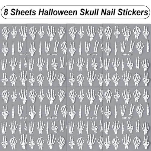 Halloween Skull Nail Stickers - 8 Sheets Self-Adhesive Nail Decals for DIY Nail Art