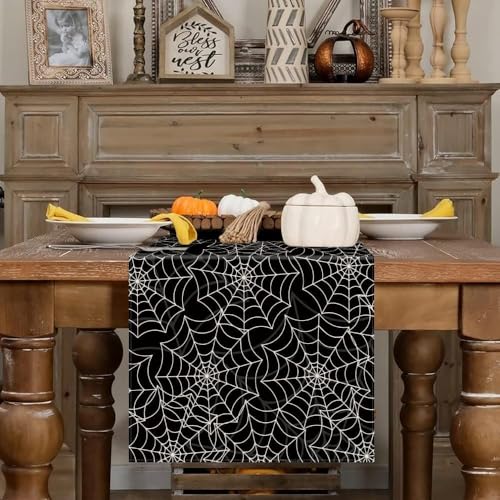 Halloween Spider Web Table Runner 13 x 120 Inch Black Linen Seasonal Home Decor