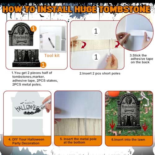 Halloween Tombstone Yard Decorations 5 Pack - 25.6 Inch Plastic Gravestones with Metal Stakes for Outdoor Cemetery Scene