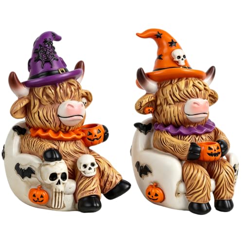 Halloween Highland Cow Decorations 2-Piece Set - Collectible Figurines with Hand-Painted Details (Variation: Halloween Highland Cows)