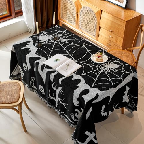 Halloween Sofa Cover with Tassels for 2-3 Cushion Couch - Reversible Chenille Pet & Home Decor - Black / Large (71x102)