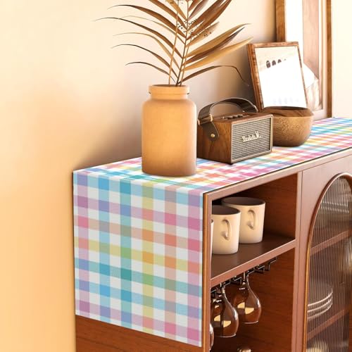 Easter Table Runner - Multicolor Buffalo Plaid Linen Fabric, 13 x 72 Inches