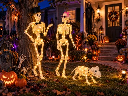 Halloween Skeleton Decorations Set with 2 Life-Size Skeletons & Dog - Weather-Resistant, Fully Poseable, with Lighting Modes