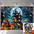Halloween Horror Castle Backdrop 10x8FT Full Moon Night Pumpkin Lantern Bats Spider Web Photography Background - Kids & Adults