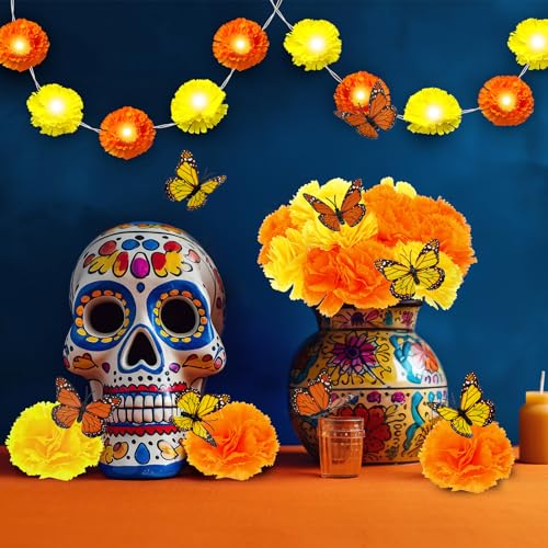 6 Pack Day of The Dead Marigold Garland with LED String Lights and Butterflies - Mexican Dia De Los Muertos Decor