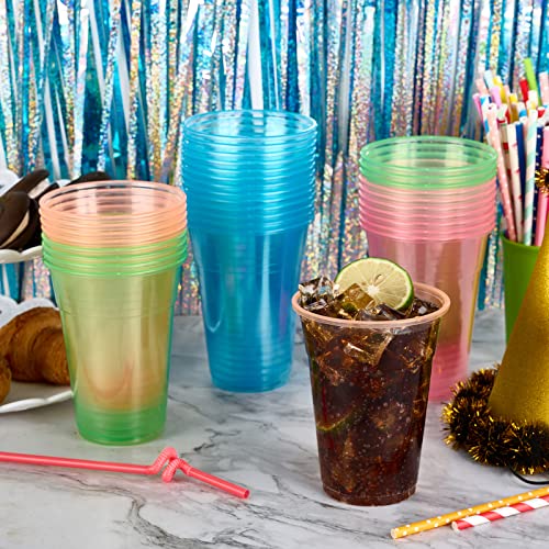 16 oz Neon Plastic Cups - Assorted Glow Party Cups, 100 Pack
