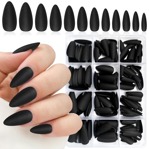 Lifextol Black Almond Press-On Nails Kit - Medium Length Fake Nails with Glue & Tools, Variation: Black