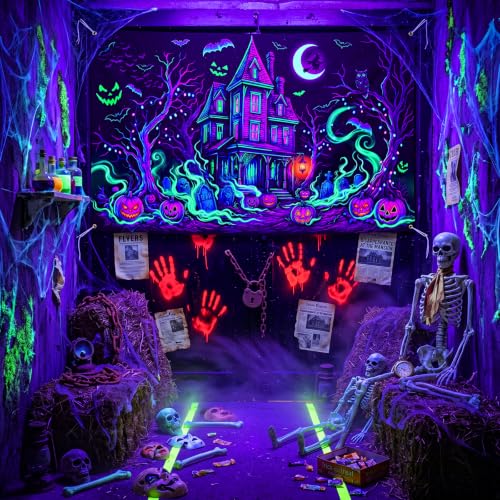 Glow in The Dark Halloween Banner Backdrop for Neon Party Decorations