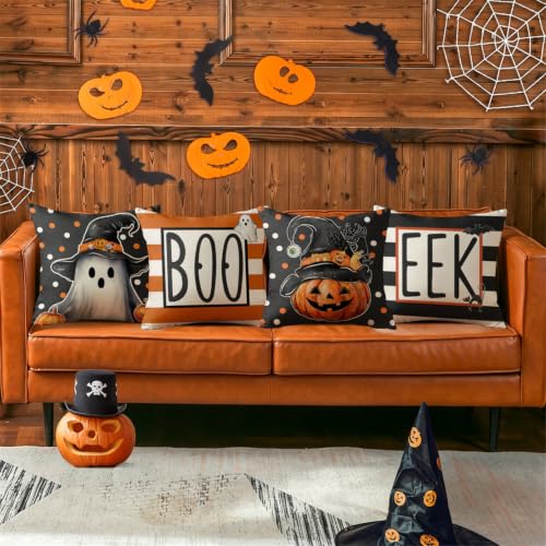 20x20 Inch Halloween Ghost Pumpkin Witch Hat Throw Pillow Covers Set of 4 - Spooky Jack O Lantern Decor