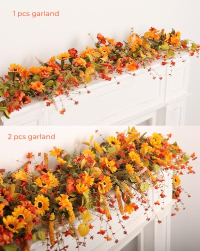 Yellow 2-Pack 6Ft Fall Garland for Mantel Decoration Sunflower Leaf & Berries