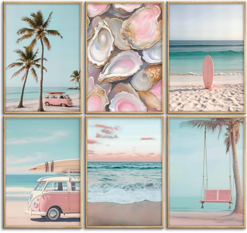 Pink Coastal Beach Wall Art Set - 6 Pieces 12x16in Ocean & Surf Posters for Dorm & Home Decor - Variation: Poster1