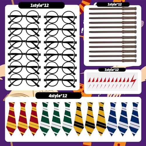 Wizard Party Favors Set - Wizard-48 Includes Wands Glasses Ties Stickers for Birthday & Halloween