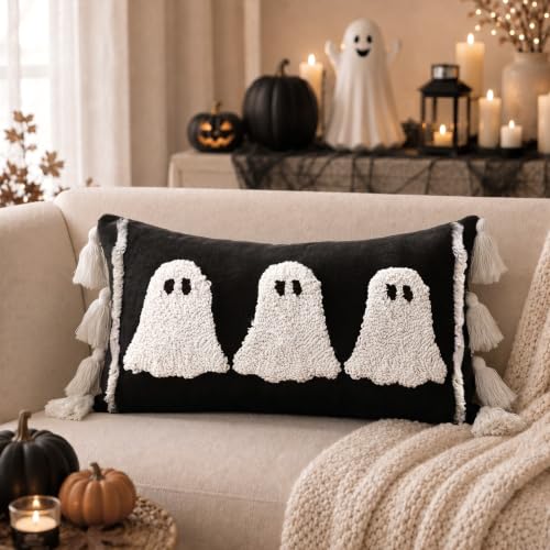 Halloween Ghost Lumbar Pillow Covers Set - Black & White Cotton Linen 15x20
