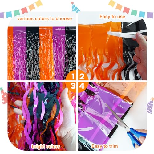 Foil Fringe Tinsel Table Skirts 2 Pack Halloween Party Decorations - Black, Purple, Orange