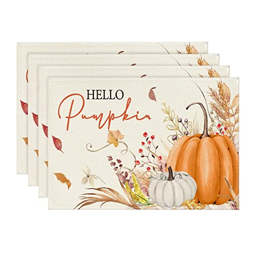 Hello Pumpkin Fall Placemats Set of 4 - 12 x 18 Inch Rectangular Table Decor