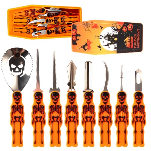 8-Piece Stainless Steel Pumpkin Carving Kit with Plastic Storage Box - Heavy Duty Halloween Tools