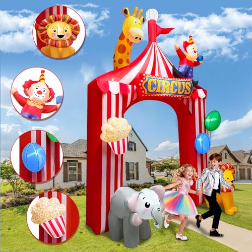 10FT Circus Party Inflatable Arch Outdoor Decoration with LED Lights - Red & White Tent Design, Animal Motifs, Easy Setup