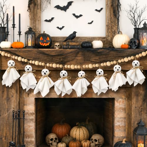 Halloween Ghost Garland with Wooden Beads - Pre-Assembled Indoor Decor 4.5Ft