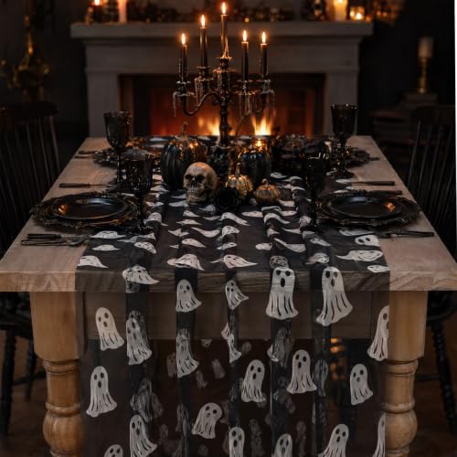 Halloween Ghost Table Runner 29x120 Inches Black Tulle Decor - Variation of Ghost / 29x120-1 pc