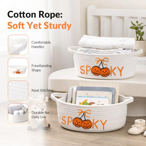 Halloween Spooky Cotton Rope Basket Set with Handles - Pumpkin Patch Design - 4 Pack, Kids Trick-or-Treat Storage