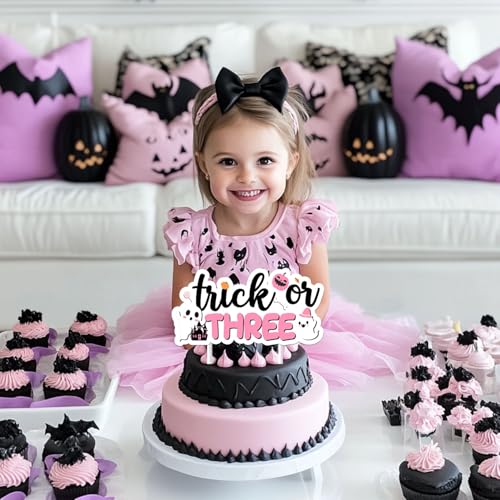 Halloween Themed Cake Topper Pink Trick or Three 3rd Birthday Decorations