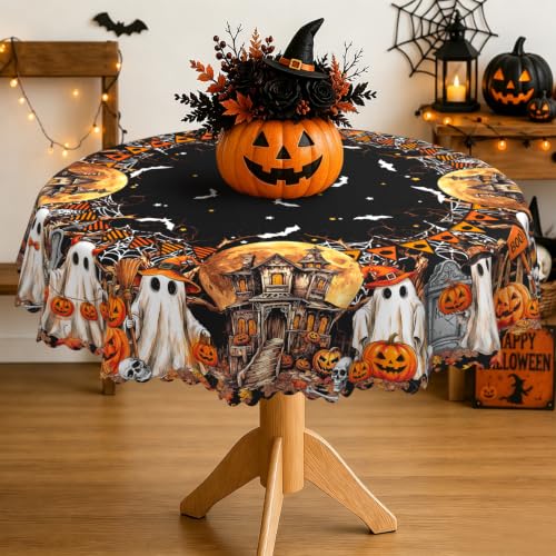 Halloween Round Tablecloth 60x60 Inch Ghost Bat Pumpkin Castle - Spooky Party Decor