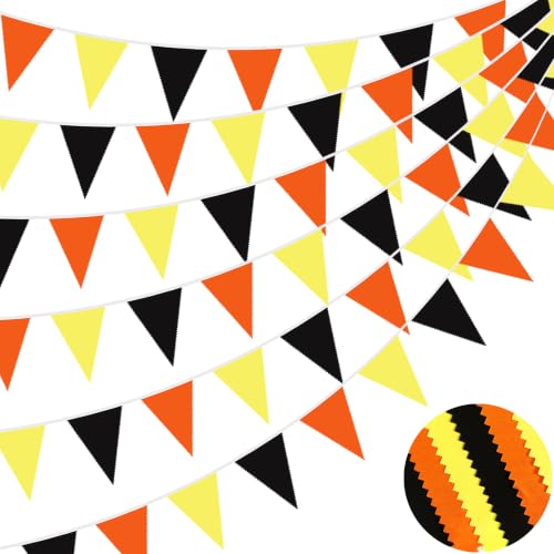 Fabric Bunting Banner 40Ft Triangle Flags for Construction & Party Decor - Black, Orange, Yellow