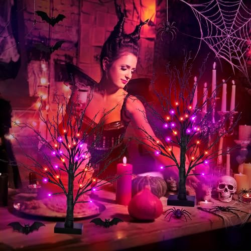 Set B Halloween 24-Inch Black Trees with Orange & Purple LED Lights - Indoor Decor