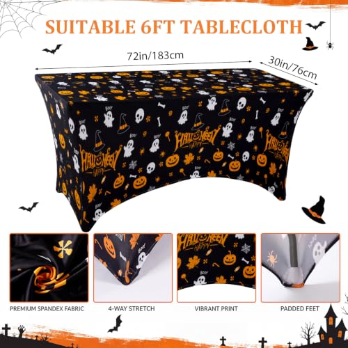 Halloween Pumpkin Ghost Spandex Tablecloth 6ft Fitted Rectangular Cover - Black White Orange