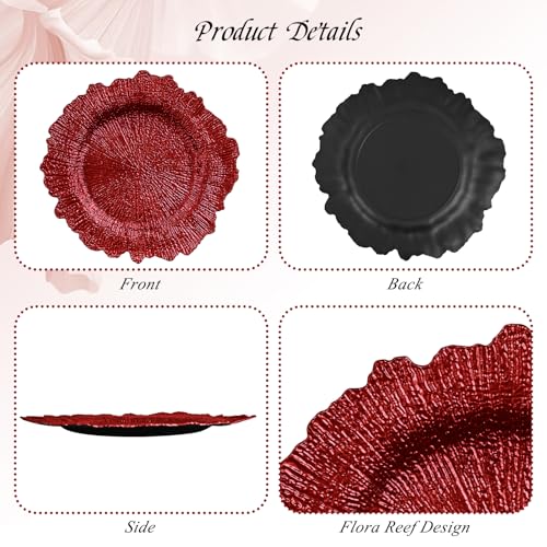 50 Pack Red Plastic Charger Plates 13 Inch Reef Pattern Bulk Set - Elegant Tableware