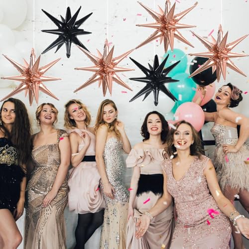 Black Rose Gold Explosion Star Foil Balloons - 8 Pcs Party Decorations
