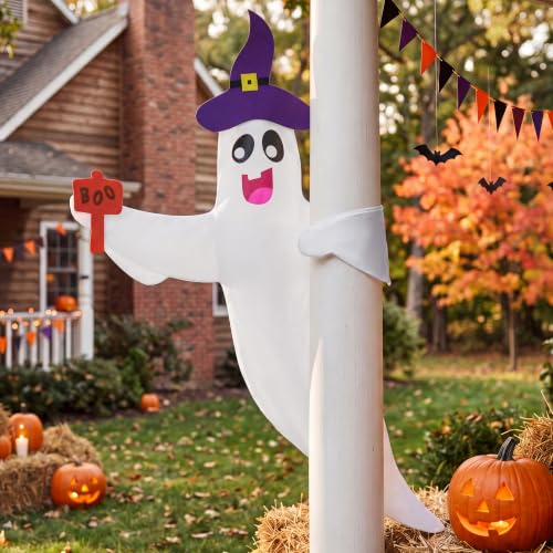 Large Outdoor Halloween Ghost Tree Wrap - 59-Inch Spooky Yard Decor with Witch Hat