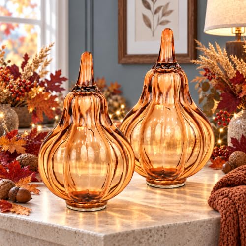Fall Glass Pumpkin Figurines - Hand Blown 6.7-Inch Autumn Decor Set