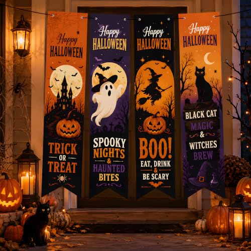 Halloween Decorations - 4 Pack Vertical Hanging Banners in Orange, Black & Purple - Spooky Party Decor
