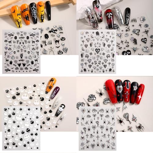 Halloween Nail Stickers Set - 6 Sheets Holographic Gothic Ghost Skull Spider Web Decor for DIY Manicure - Black & White