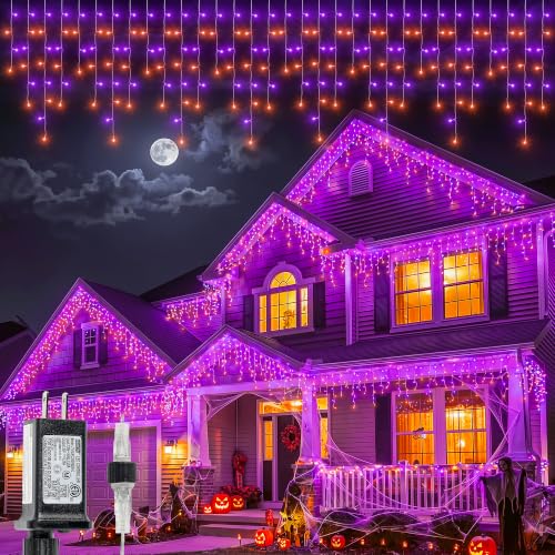 Halloween Icicle Lights Outdoor - 300 LED Purple & Orange, 32ft, 8 Modes, Connectable