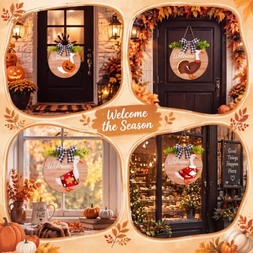 Wooden Interchangeable Goose Welcome Sign with Seasonal Clothes - 16 Pcs, Wood Color